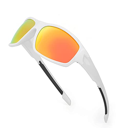 TJUTR Gafas de sol polarizadas deportivas para hombres y mujeres Ciclismo Correr Moda Espejo Lente Protección UV400 (Marco Blanco/Lente de Espejo Rojo)