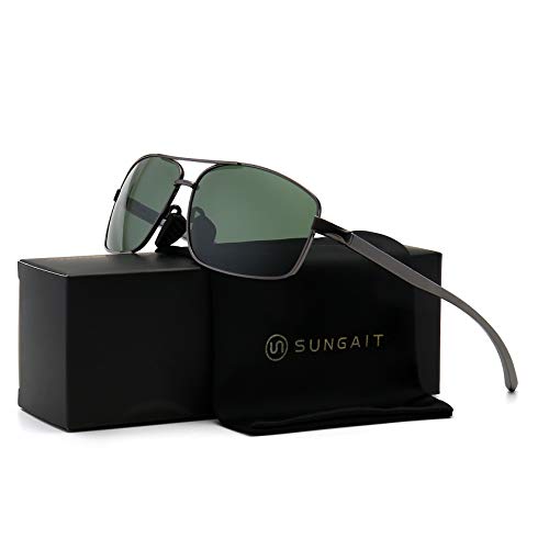 SUNGAIT Rectangulares Gafas de sol Hombre Polarizadas Clásico metal Marc Gunmetal/Verde 2458
