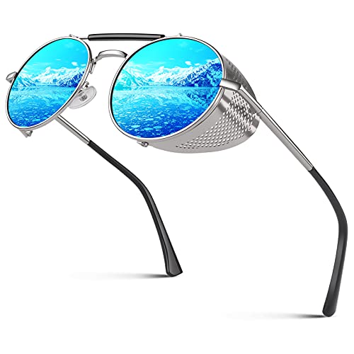 CGID E92 Steampunk estilo retro inspirado círculo metálico redondo gafas de sol polarizadas para hombre mujer Plateado Azul Espejado