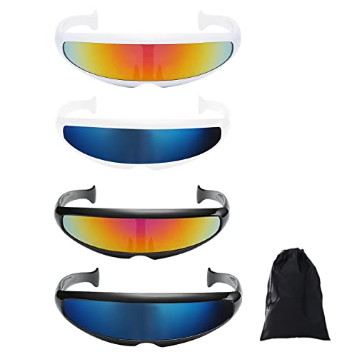Gafas Futuristas 4 pc Divertidas Gafas de Espejos Gafas de Sol Fiesta Creativo Lente Espejo Gafas con Forma de cíclope Estrecho Futurista Fresco Robot Alienígena con y 1 Bolsa de Almacenamiento Negra
