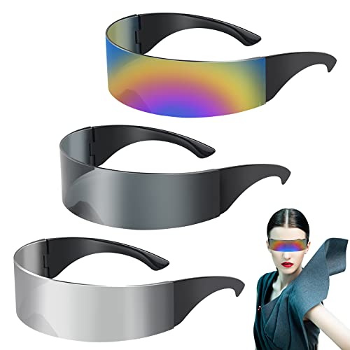 SelfTek Paquete de 3 lentes futuristas estrechos, color plateado, negro, lentes de sol de colores, lentes espejados, disfraz de moda para hombres y mujeres