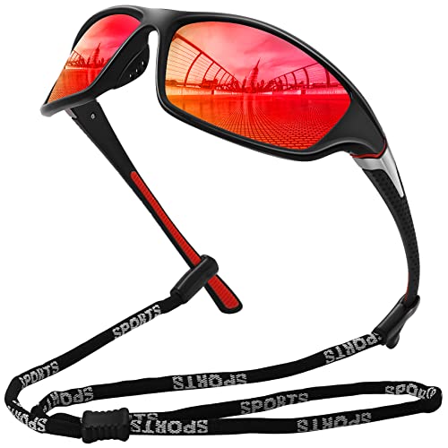 MEETSUN Gafas de sol deportivas polarizadas para hombres y mujeres que conducen, ciclismo, pesca, gafas de sol con protección UV400 - Negro/Rojo naranja, Efecto Espejo